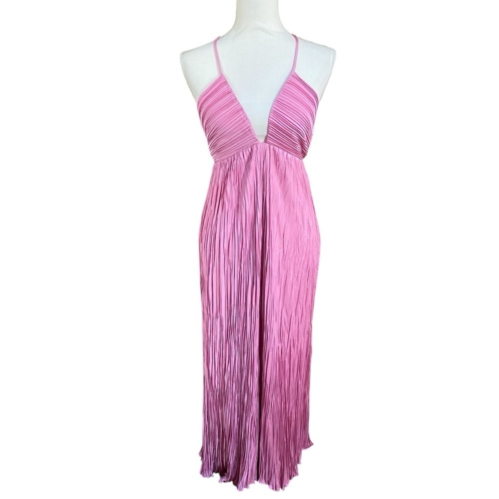 A.L.C. Angelina NWT Pleated Satin Halter Midi Dress Chateau Rose Size 4 - Picture 5 of 16